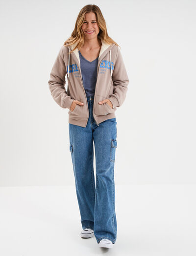 Sweat à capuche doublure effet sherpa beige femme
