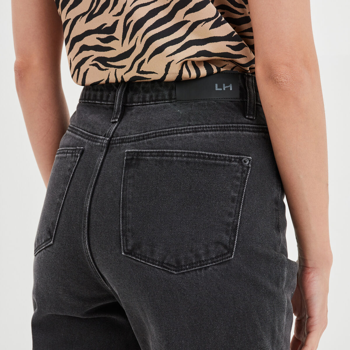 Jeans mom taille haute 7/8ème coton denim noir femme