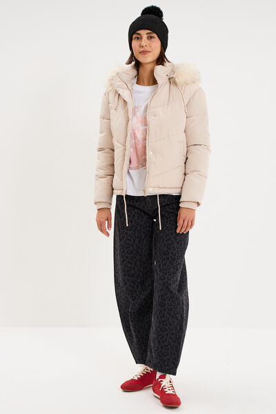 Doudoune doubl&eacute;e capuche fausse fourrure beige femme