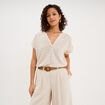 T-shirt col tunisien manches courtes beige clair femme