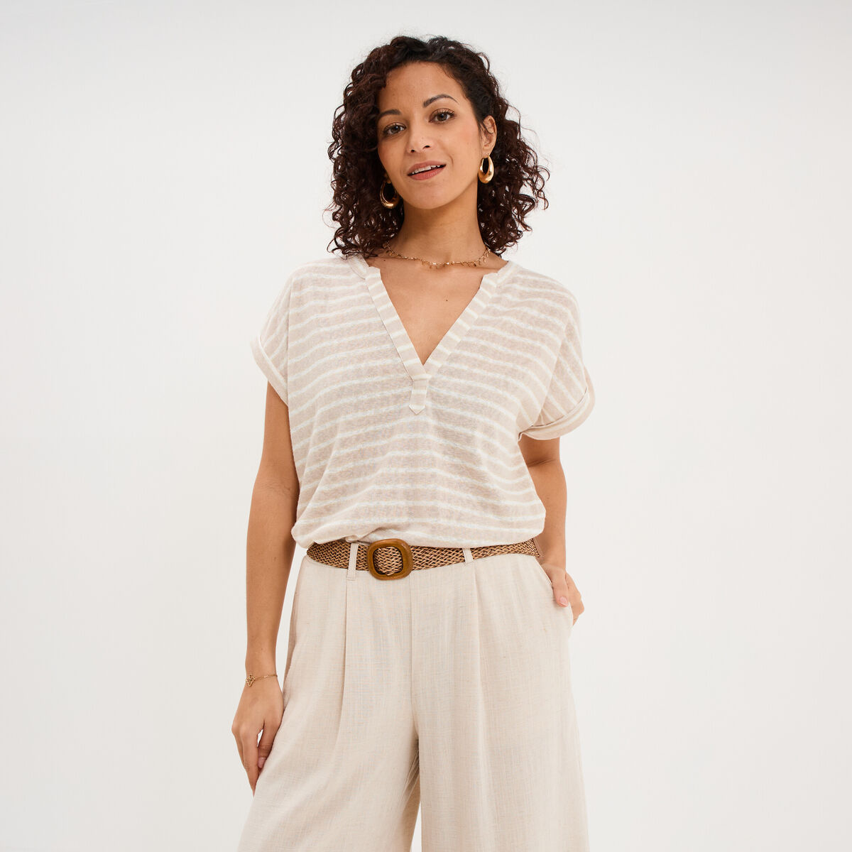 T-shirt col tunisien manches courtes beige clair femme