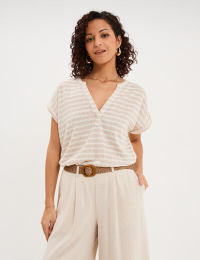 T-shirt col tunisien manches courtes beige clair femme