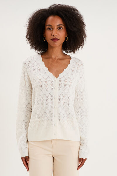 Gilet col V maille ajour&eacute;e boutonn&eacute; blanc femme
