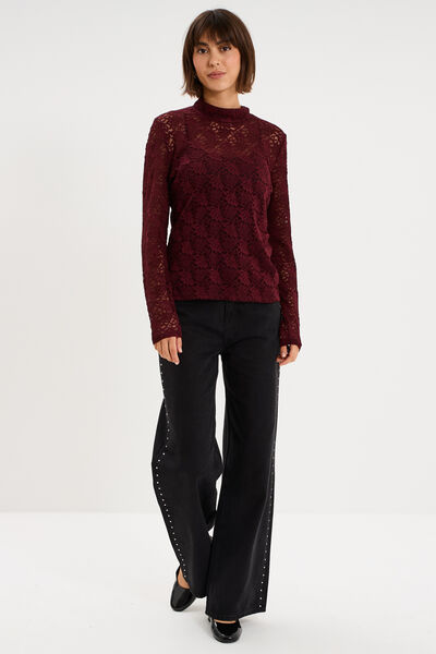 Blouse dentelle col montant violet fonc&eacute; femme