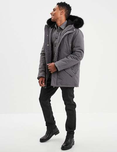 Parka à capuche fausse fourrure amovible gris foncé homme