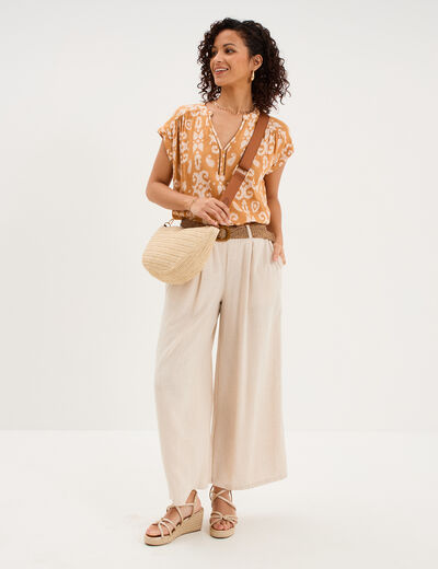 Blouse cr&eacute;pon manches courtes jaune ocre femme