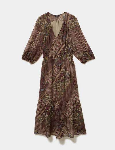 Robe longue fluide manches 3/4 col en V vert kaki femme