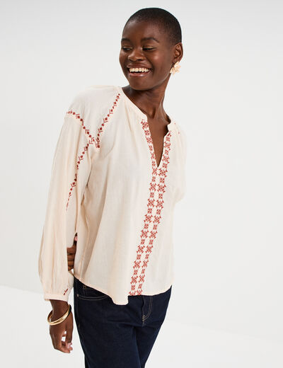 Blouse brod&eacute;e manches longues coton beige femme