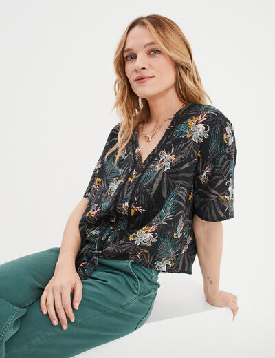 Blouse manches courtes détail noeud noir femme