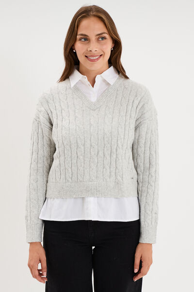 Pull torsades effet 2-en-1 chemise gris clair femme
