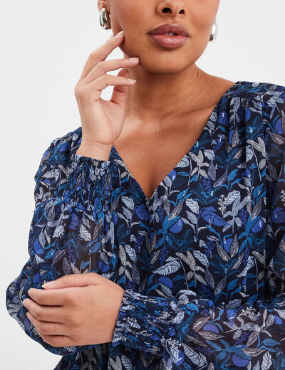Blouse col en V manches longues bleu femme