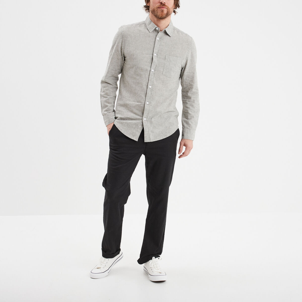 Chemise manches longues 1 poche vert kaki homme