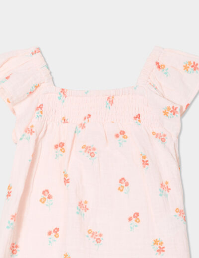 Blouse smockée à volants gaze de coton rose clair bébé fille