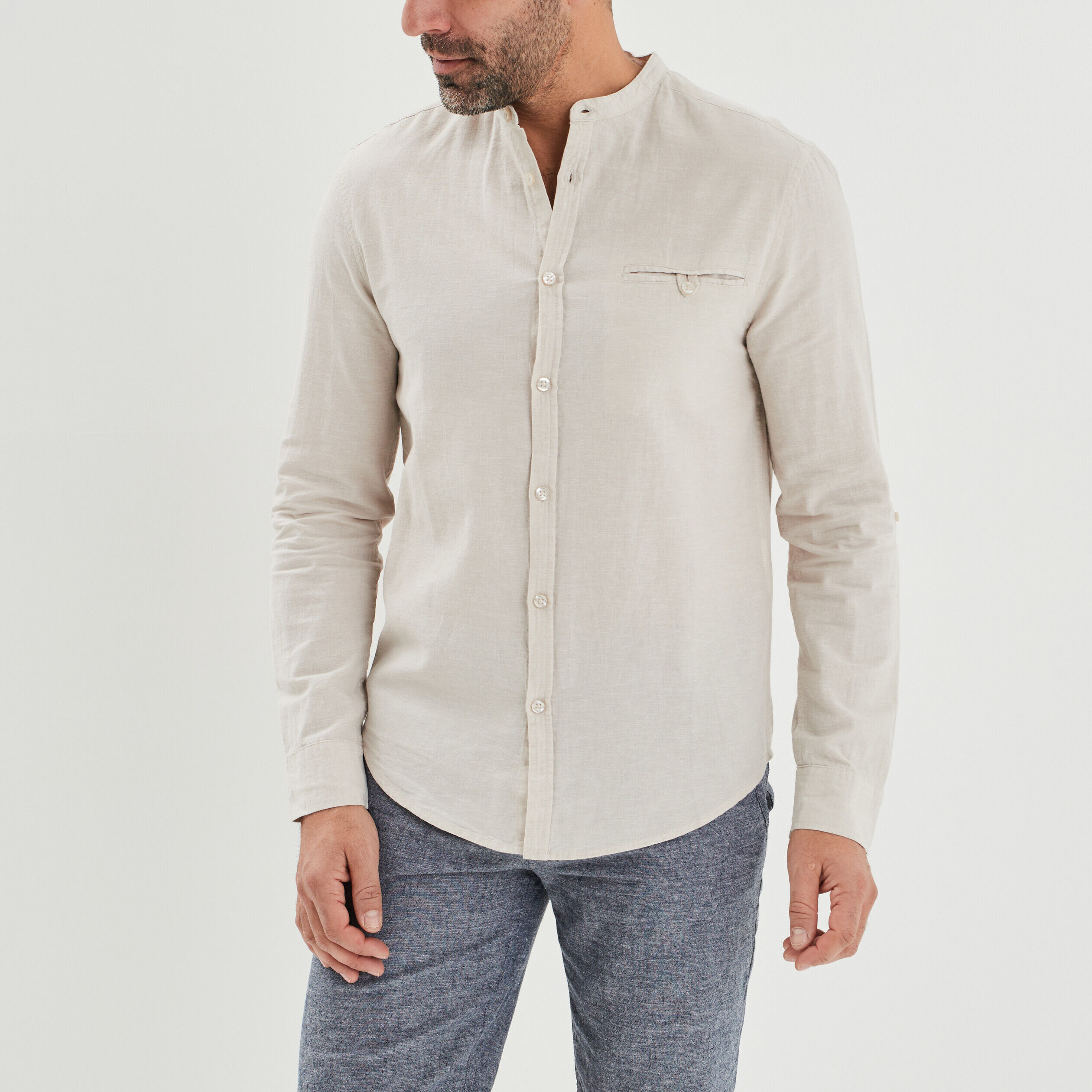 Chemise col mao lin majoritaire gris clair homme LH