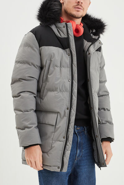 Doudoune mi-longue à capuche fourrure gris homme