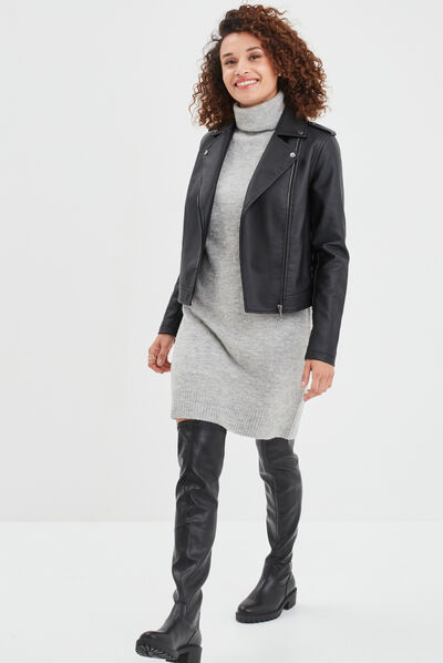 Robe pull col roulé courte droite gris clair femme