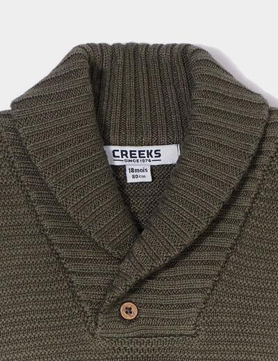 Pull col châle boutonné Creeks vert kaki bébé garçon