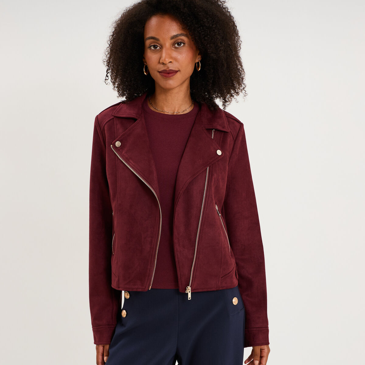Veste biker en su&eacute;dine ajust&eacute;e violet fonc&eacute; femme