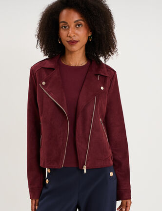 Veste biker en su&eacute;dine ajust&eacute;e violet fonc&eacute; femme