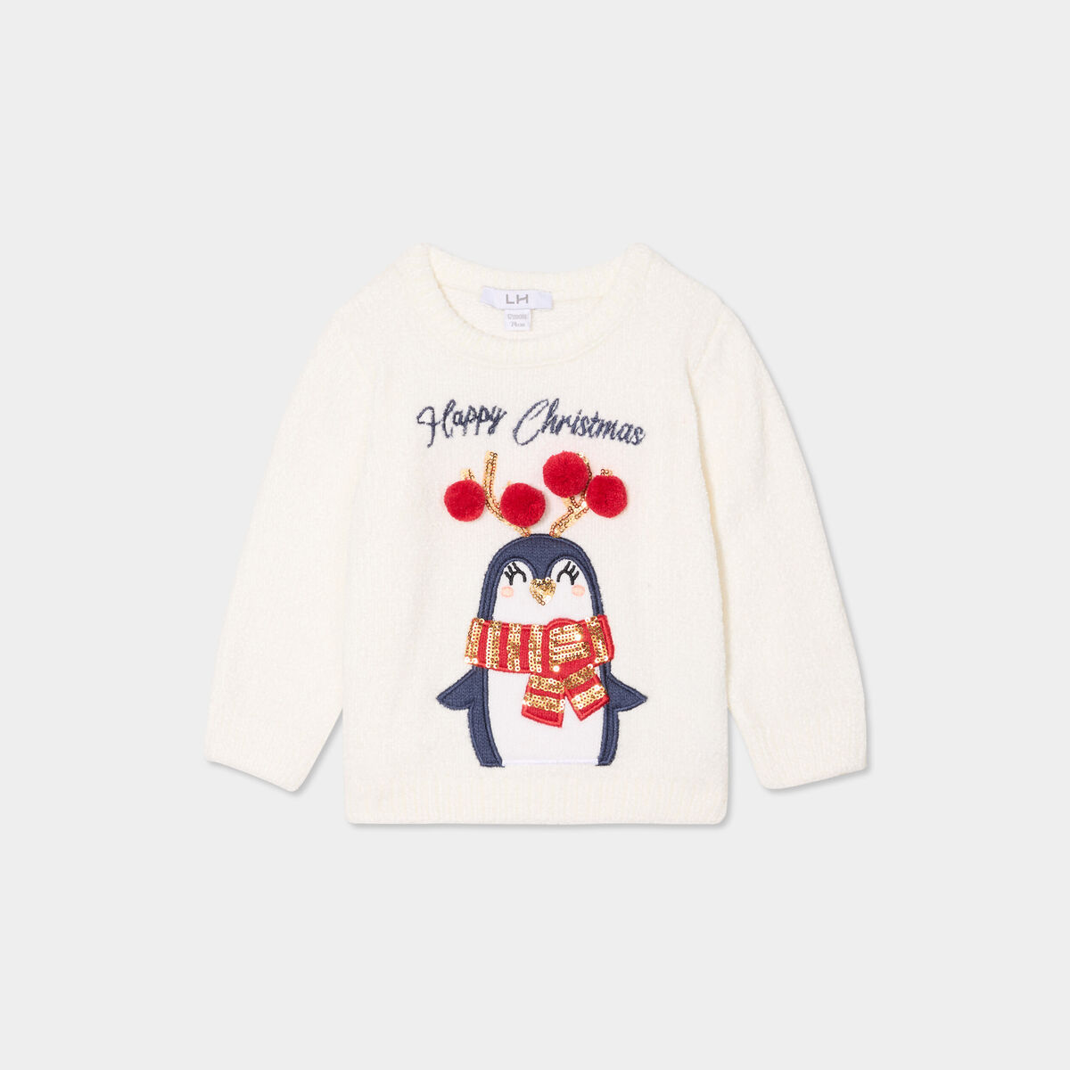 Pull No&euml;l sequins et pompons blanc b&eacute;b&eacute; fille