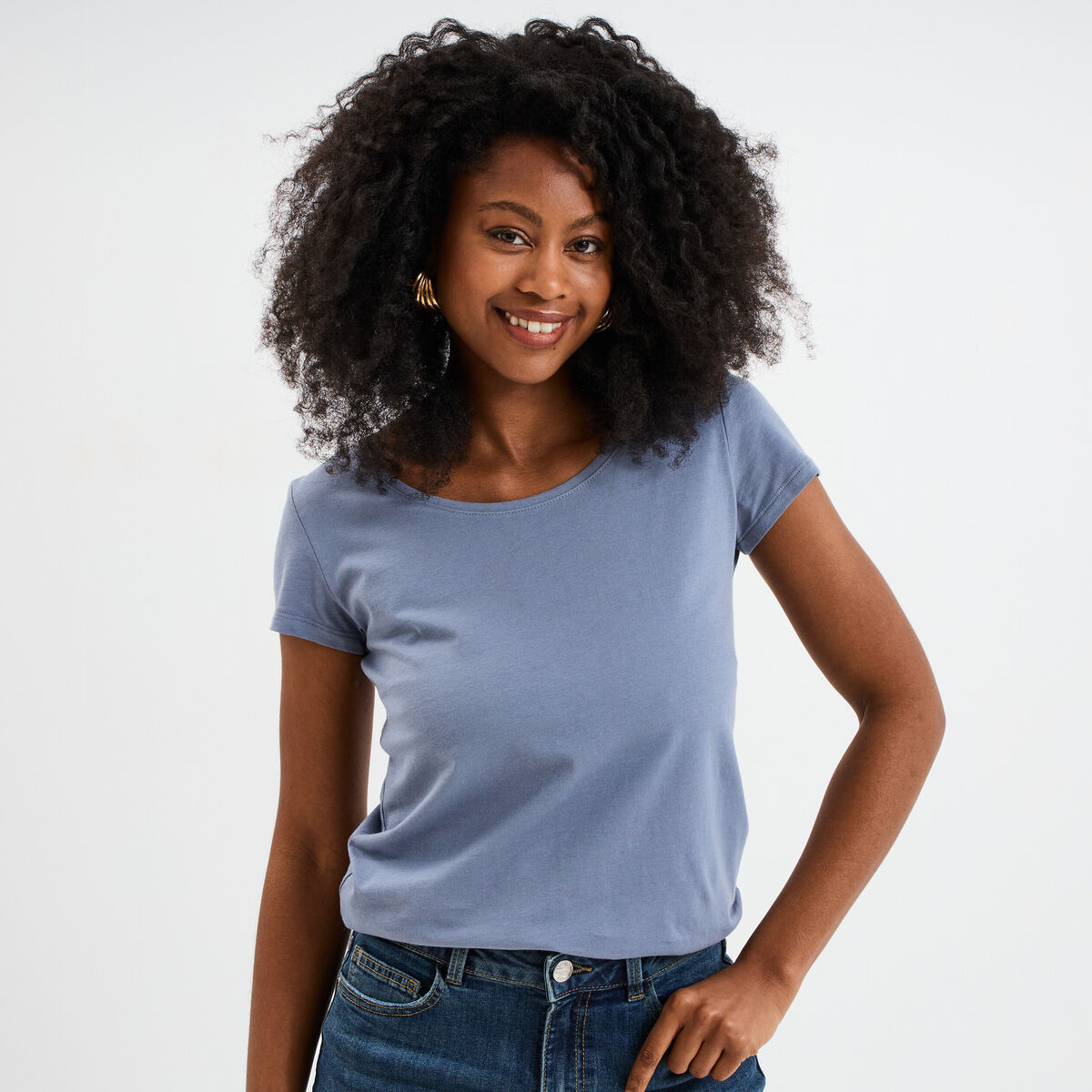 T-shirt coton col rond manches courtes bleu gris femme