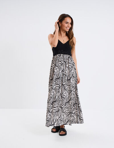 Robe longue col en V haut effet crochet ecru femme