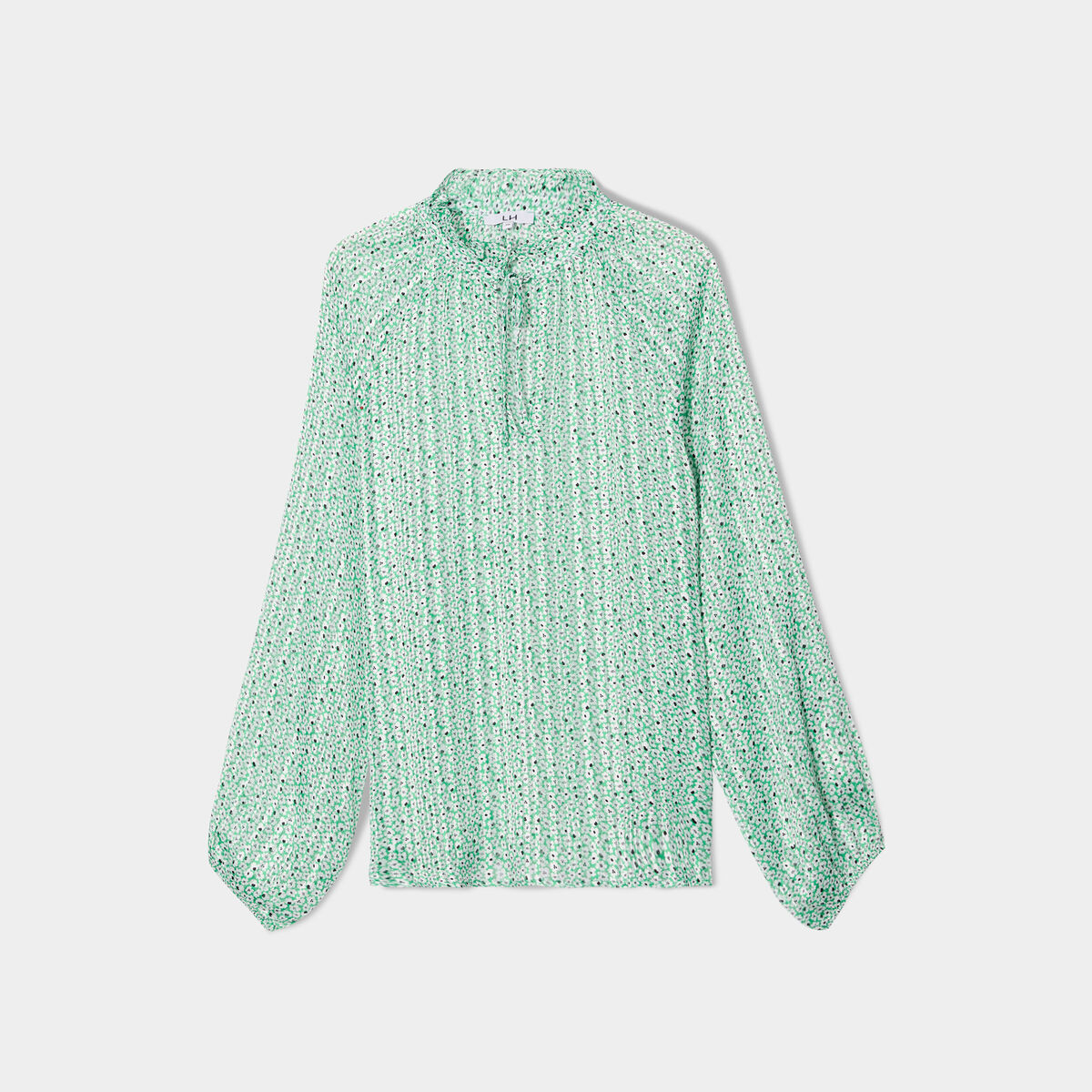 Blouse col froncé à cordons et volants vert femme