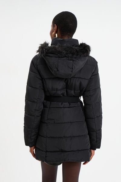Doudoune ceintur&eacute;e mi-longue &agrave; capuche noir femme