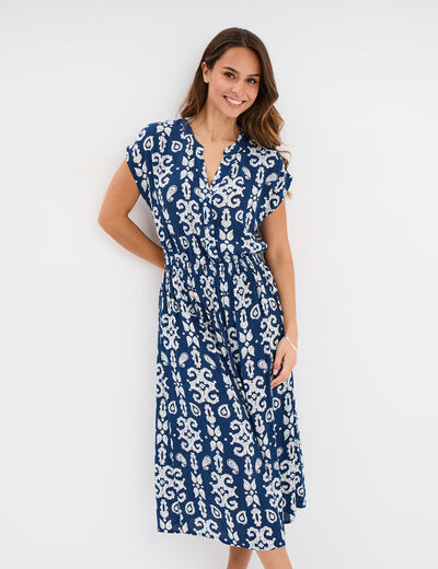 Robe longue cr&eacute;pon col tunisien bleu marine femme