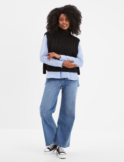 Pull poncho col roul&eacute; sans manches noir femme
