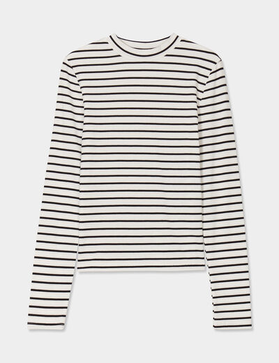 T-shirt côtelé col montant ajusté ecru femme