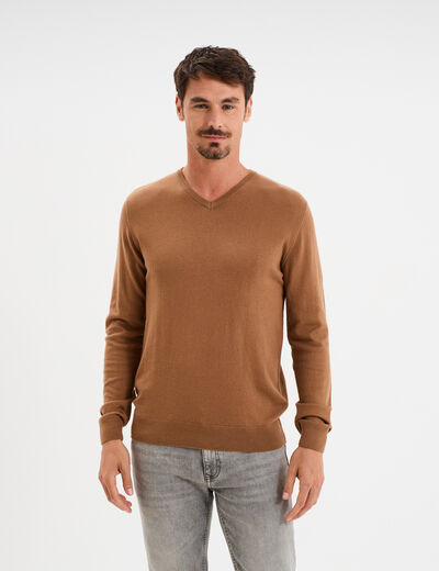 Pull jersey avec col en V marron homme