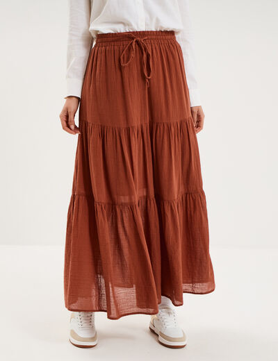 Jupe longue fluide &eacute;vas&eacute;e coton camel femme