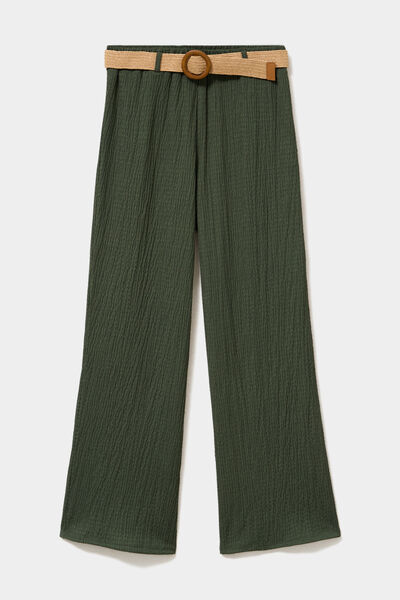 Pantalon fluide large avec ceinture vert kaki femme