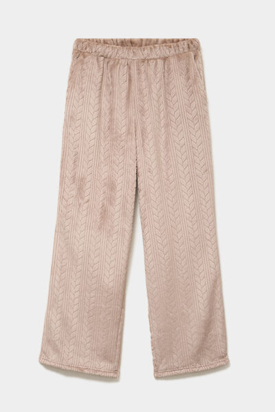 Pantalon effet polaire d&eacute;tails torsades beige femme