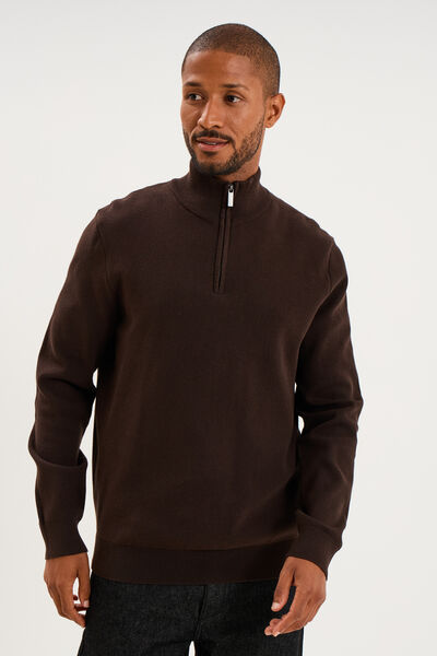 Pull camionneur manches longues marron fonc&eacute; homme