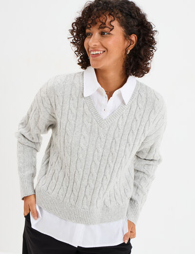 Pull torsades effet 2-en-1 chemise gris clair femme