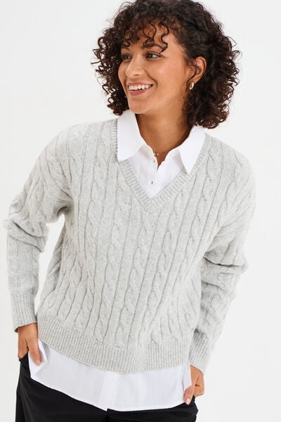 Pull torsades effet 2-en-1 chemise gris clair femme