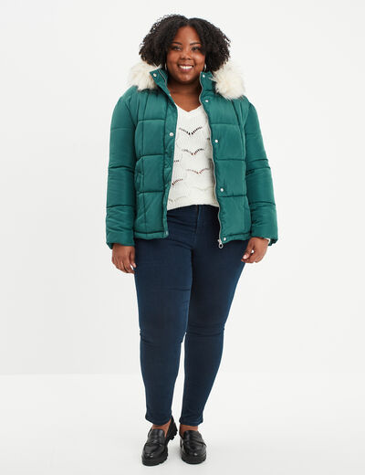 Doudoune à capuche fausse fourrure vert canard femme grande taille