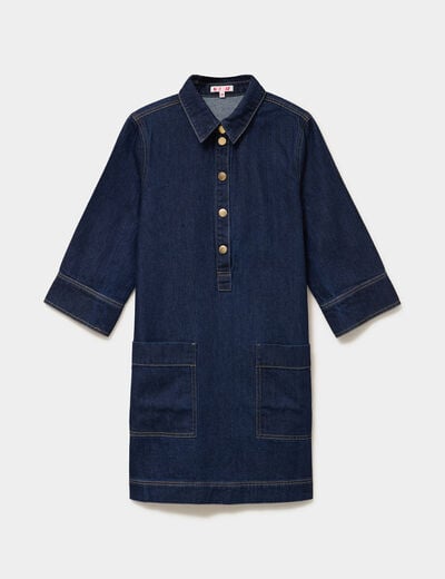Robe courte en jean col chemise coton denim brut femme
