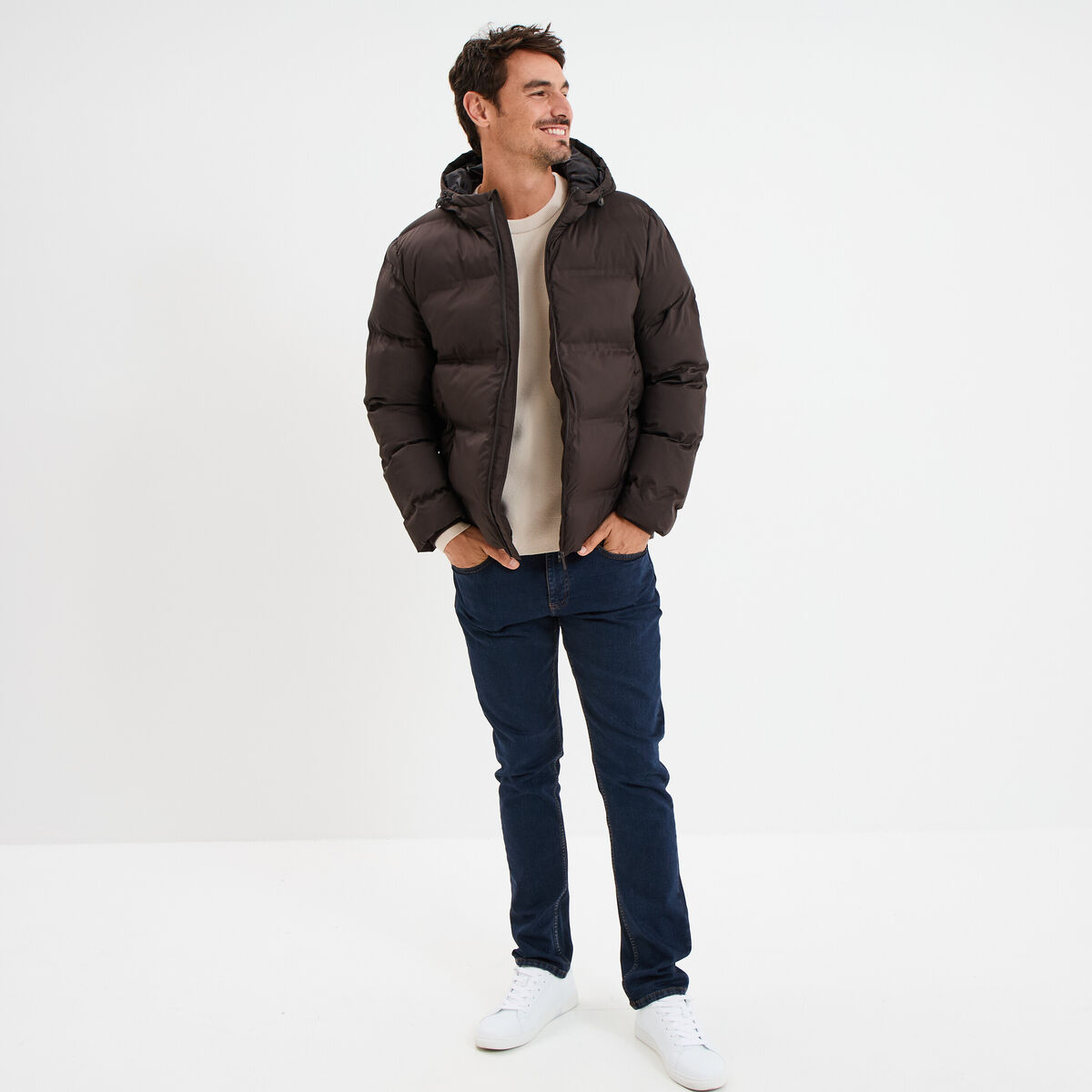 Pull col rond manches longues beige homme