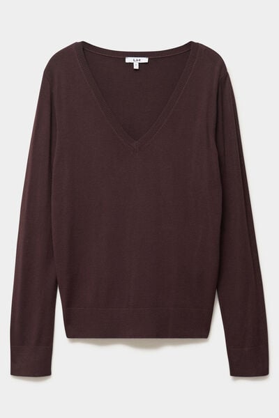 Pull col en V manches longues marron fonc&eacute; femme