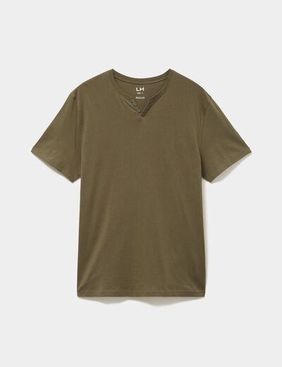 T-shirt manches courtes col tunisien vert kaki homme