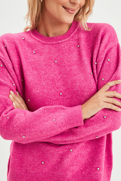 Pull col rond manches longues à strass rose fushia femme