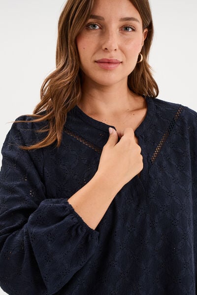 Blouse manches longues broderie anglaise bleu fonc&eacute; femme grande taille