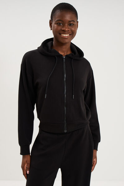 Sweat zipp&eacute; &agrave; capuche noir femme