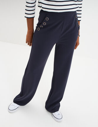 Pantalon droit à pont taille élastiquée bleu foncé femme