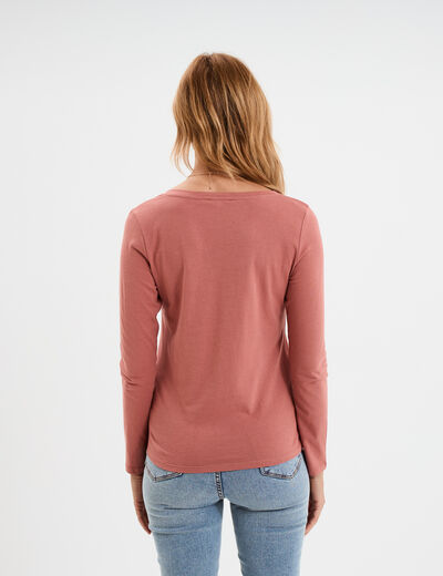 T-shirt col en V manches longues coton vieux rose femme