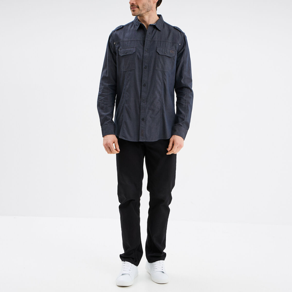 Chemise droite 2 poches manches longues bleu foncé homme
