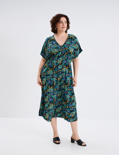 Robe fluide longue col en V vert émeraude femme grande taille